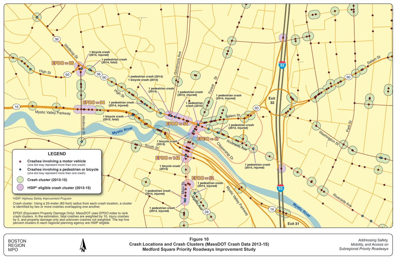 Figure 10. Crash Locations and Crash Clusters (MassDOT Crash Data 2013-15)
This figure shows the location of each crash and crash cluster within the study area between 2013 and 2015, including those clusters eligible for the Highway Safety Improvement Program (HISP).
